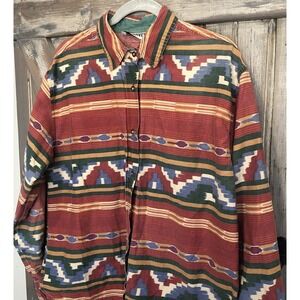 Vintage RED ROVER southWestern tribal Aztec Native button up Shirt Red L/S Large